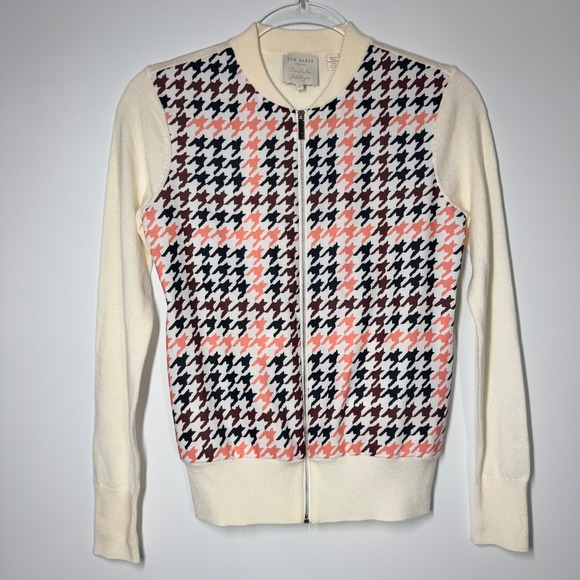 Ted Baker London Houndstooth Zip Front Knit Bomber Cardigan US XS (Ted Baker 0) - Picture 3 of 9